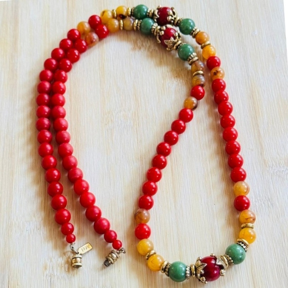 Victorian Style Beaded regal Necklace VTG 1928 Acrylic gold tone Red yellow 36"
